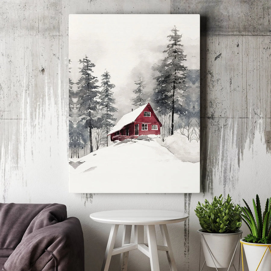 Watercolor Red Cabin Canvas Art | Snowy Pine Forest Landscape | 1.25-Inch Premium Gallery Wrap | Cozy Winter Wall Decor for Nature Lovers