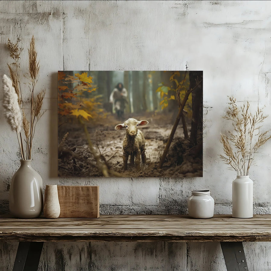 Jesus Good Shepherd Canvas Art | Lost Lamb In Forest Scene | Premium Gallery Wrap Wall Decor | Christian Faith Home Gift