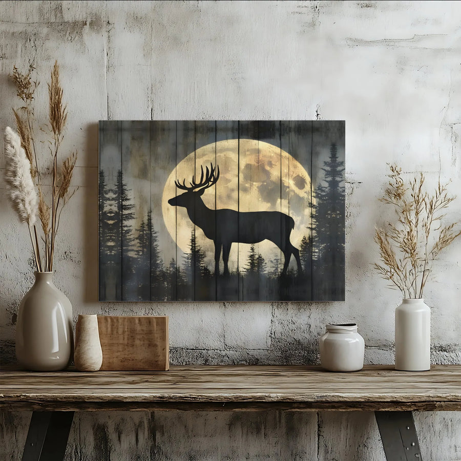 Elk Silhouette Canvas Art | Full Moon Pine Forest Rustic Wall Decor | Gallery Wrapped Premium Print | Nature Lover Cabin Gift