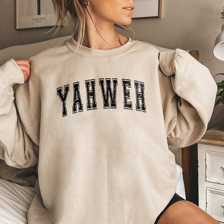 Yahweh Sweatshirt | Distressed Varsity Letter Print | Premium Cotton-Blend Fleece | Christian Faith Gift for Men and Women