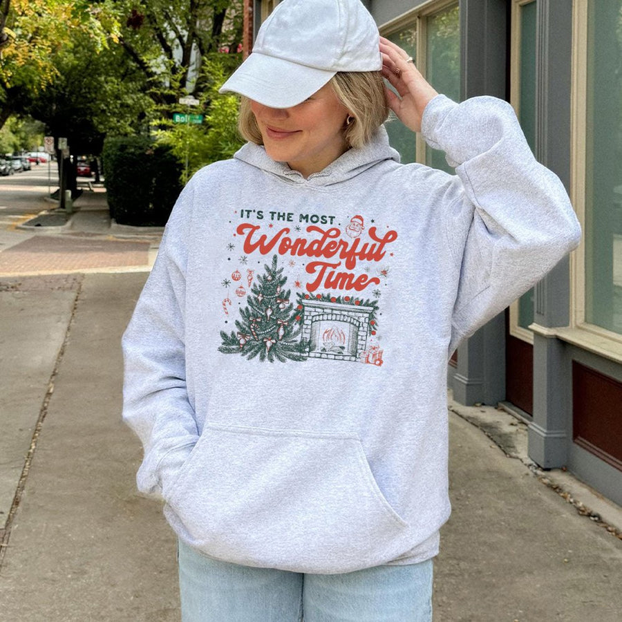 It’s The Most Wonderful Time Hoodie | Christmas Tree & Fireplace Graphic | Premium Cotton Blend | Cozy Holiday Gift for Her & Him