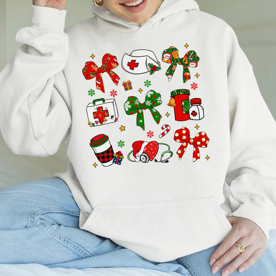 Nurse Christmas Hoodie | Coquette Bows Stethoscope Medical Design | Premium Cotton-Blend Pullover | Festive Healthcare Worker Holiday Gift