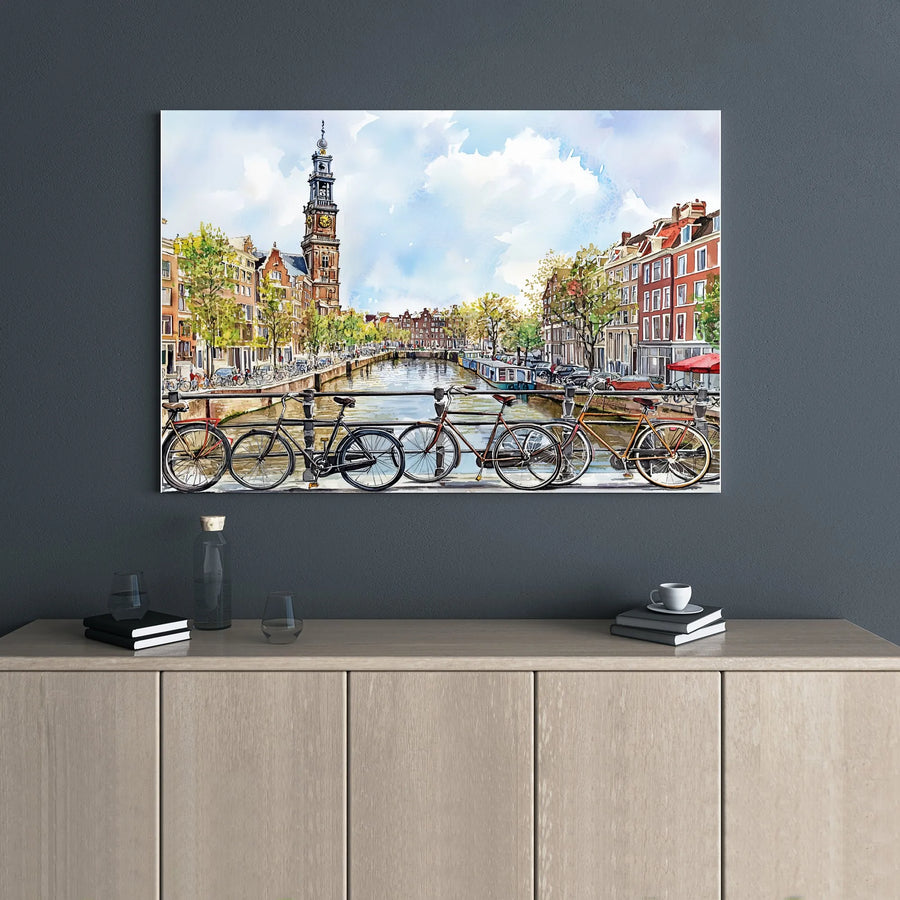 Amsterdam Canal Canvas Art | Watercolor Westerkerk Tower Scene | Premium Gallery-Wrapped Print | Travel Lover Home Decor Gift