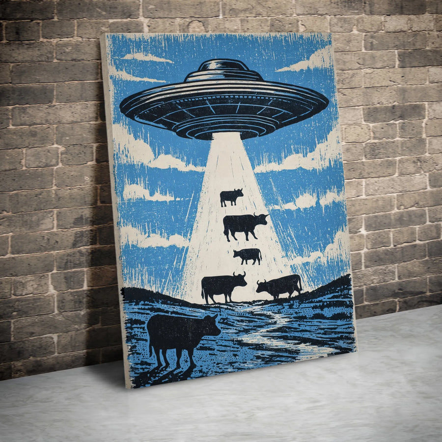 UFO Cow Abduction Canvas Wall Art | Distressed Retro Sci-Fi Print | Premium 1.25" Thick Gallery Wrap | Unique Collector's Gift for Alien Fans