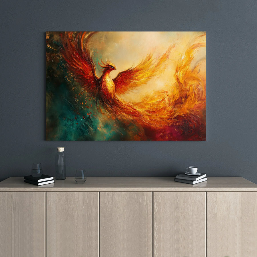 Fiery Phoenix Canvas Wall Art | Rising Phoenix Abstract Oil Painting Print | Premium 1.25” Gallery Wrap | Mythical Bird Decor for Living Room