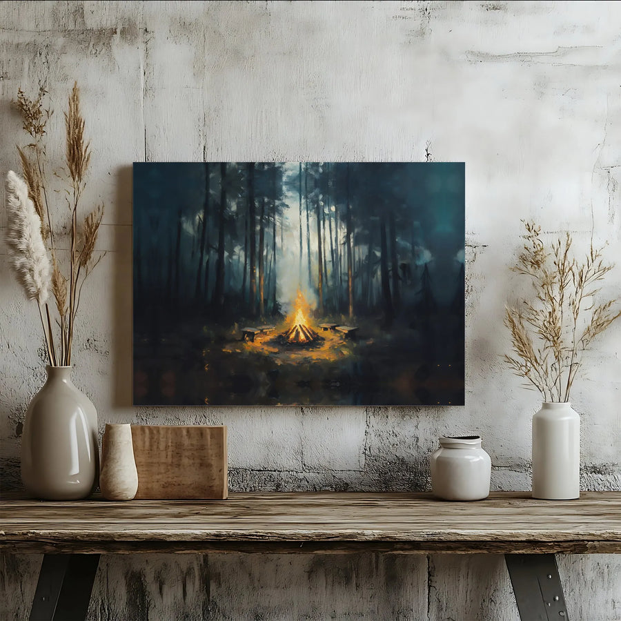Campfire Forest Canvas Wall Art | Moody Misty Woodland Landscape | Premium Gallery Wrapped Print | Nature Lover Cabin Decor Gift