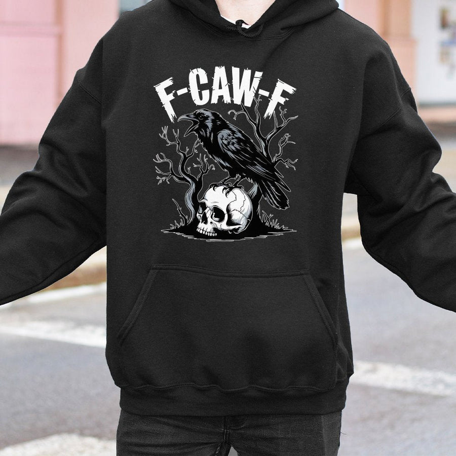 F-Caw-F Crow Hoodie | Gothic Skull and Raven Graphic | Cotton-Poly Blend Premium Sweatshirt | Funny Bird Lover Gift for Men and Women