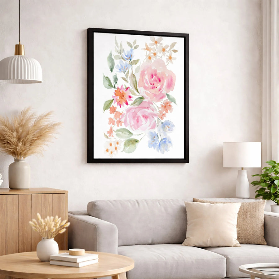 Watercolor Floral Bouquet Canvas Art | Pink Roses Botanical Print | 1.25 Inch Gallery Wrap | Elegant Home Decor Wall Art Gift