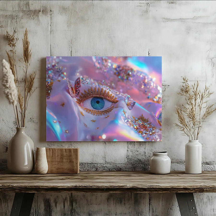 Surreal Blue Eye Canvas Wall Art | Iridescent Butterfly and Crystal Detail | Premium Gallery Wrapped Decor | Whimsical Aesthetic Home Decor