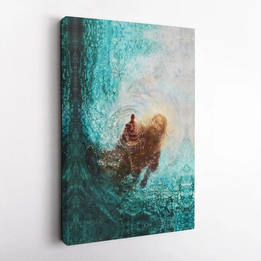 Jesus Reaching Hand Wall Art | Under Water Savior Religious Canvas | Premium Gallery-Wrapped Print | Inspirational Christian Home Decor Gift