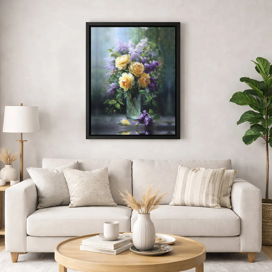 Yellow Rose and Lilac Still Life Canvas | Floral Oil Painting Print | Gallery Quality 1.25” Thick | Elegant Botanical Wall Art for Home Decor