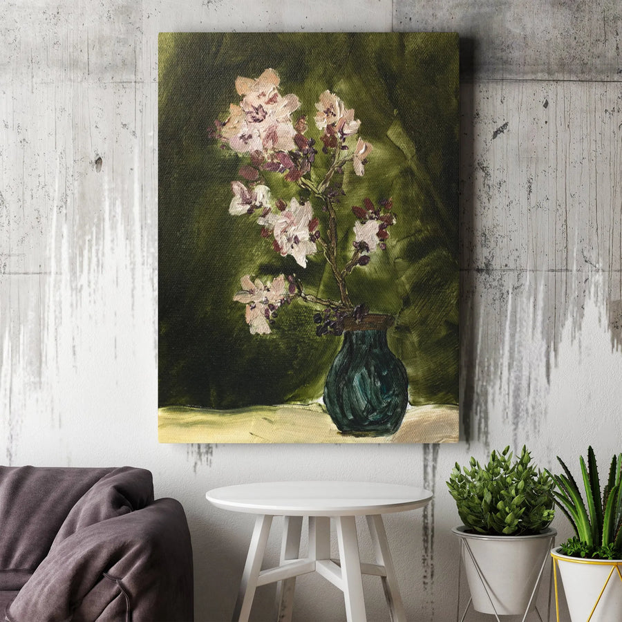 Cherry Blossom Canvas Wall Art | Vintage Floral Still Life Painting Print | Premium Gallery Wrapped Canvas | Moody Botanical Home Decor Gift