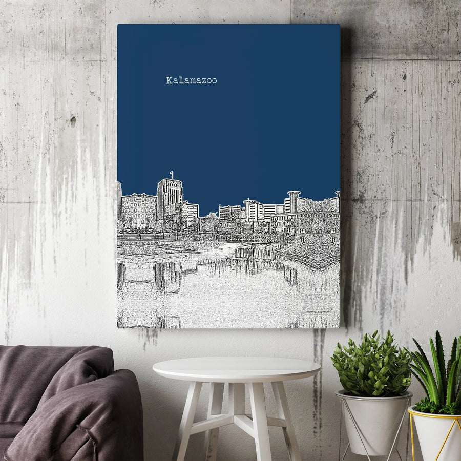 Kalamazoo City Skyline Canvas Print | Minimalist Line Art Sketch | Premium Gallery-Wrapped Wall Decor | Michigan Home Office Gift Idea