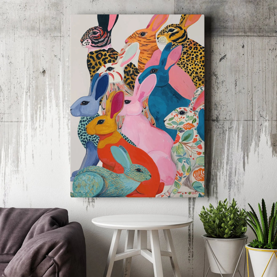 Colorful Rabbit Wall Art | Whimsical Patterned Animal Portrait | Premium Gallery Wrap Canvas | Eclectic Home Decor Gift for Animal Lovers
