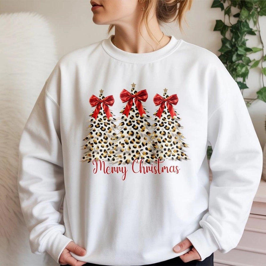 Leopard Print Christmas Tree Sweatshirt | Coquette Bow Holiday Graphic | Unisex Premium Cotton Blend | Merry Christmas Gift for Her