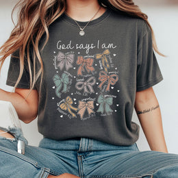 God Says I Am T-Shirt | Aesthetic Bow Bible Verse Graphic | Premium 100% Cotton Tee | Christian Faith Gift for Women & Teens