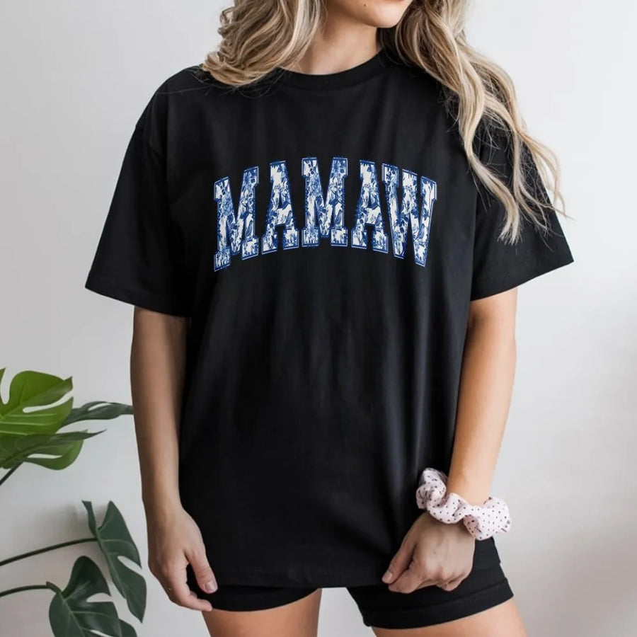 Mamaw T-Shirt | Blue Toile De Jouy Floral Print | Soft Cotton Premium Tee | Unique Grandma Gift for Mother's Day 2026
