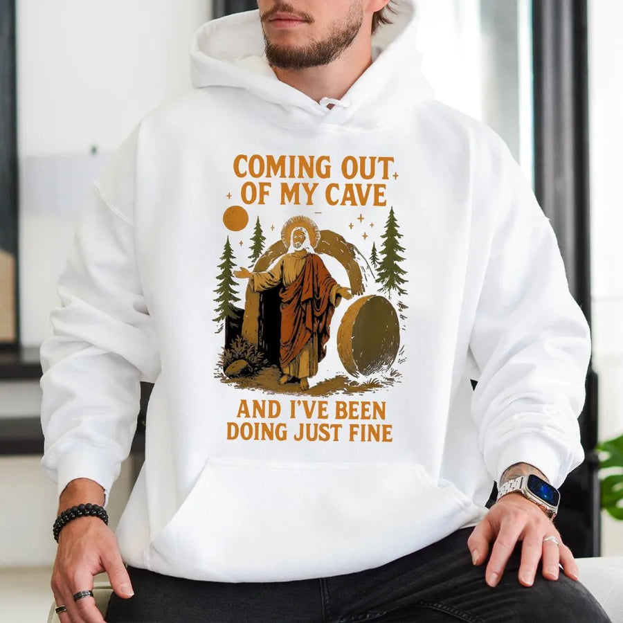 Funny Easter Hoodie | Jesus Coming Out Of My Cave Meme Graphic | Premium Cotton Blend Crewneck | Religious Humor Gift For Christian