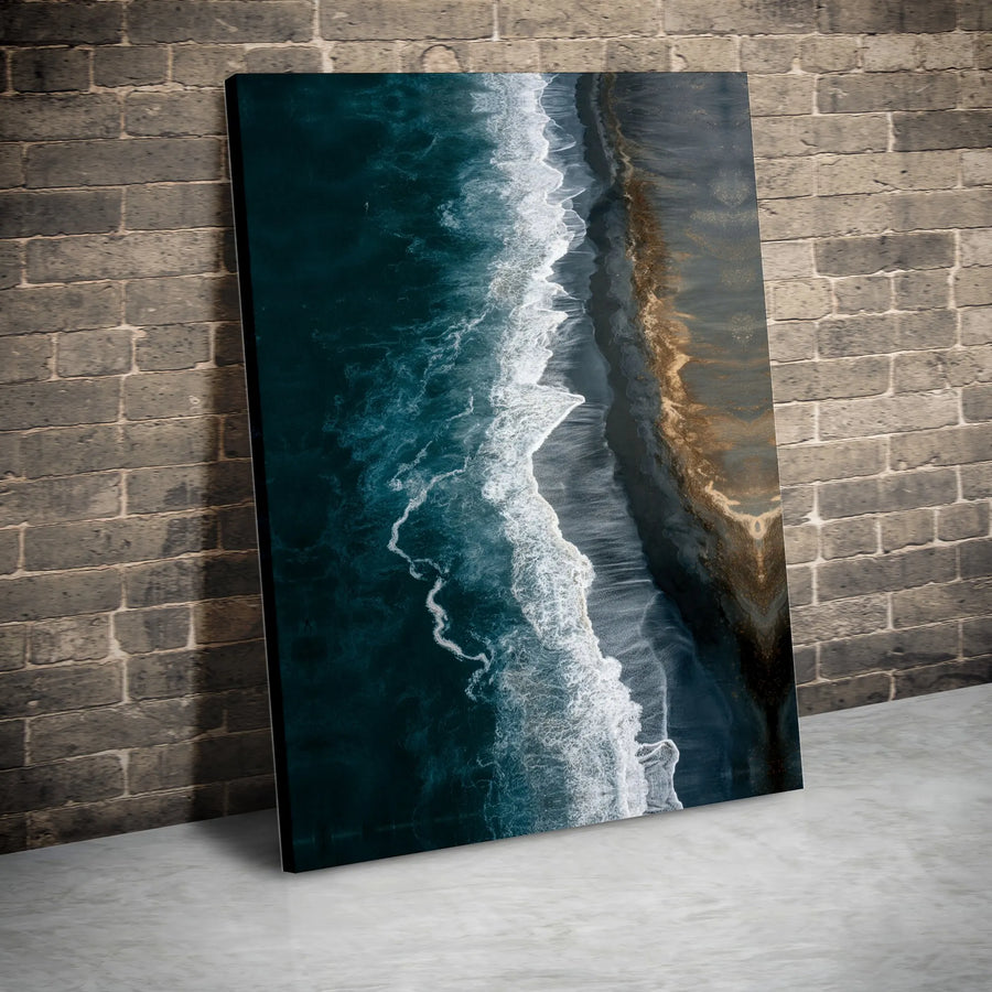 Aerial Ocean Canvas Wall Art | Moody Black Sand Beach Drone Photography | Premium Gallery Wrapped Print | Modern Coastal Home Decor Gift