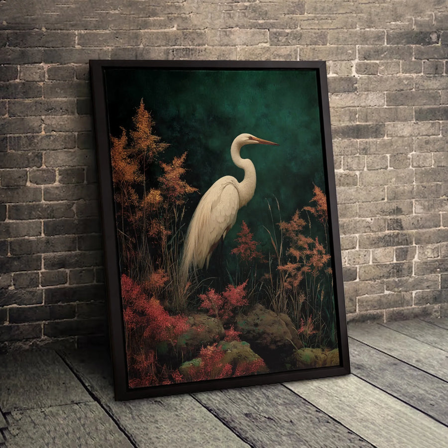 Great White Egret Canvas Wall Art | Moody Teal Marsh Bird Print | Premium 1.25-Inch Gallery Wrap | Elegant Nature Decor for Home and Office