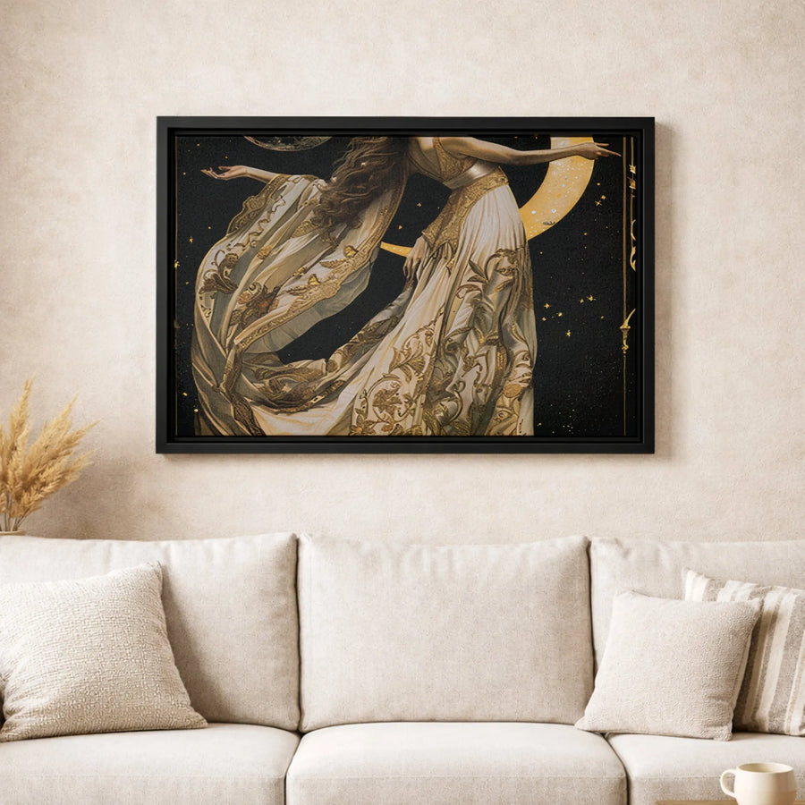 Celestial Goddess Canvas Art | Gold Moon and Stars Aesthetic | Premium Gallery-Wrapped Print | Enchanting Mythology Home Decor Gift