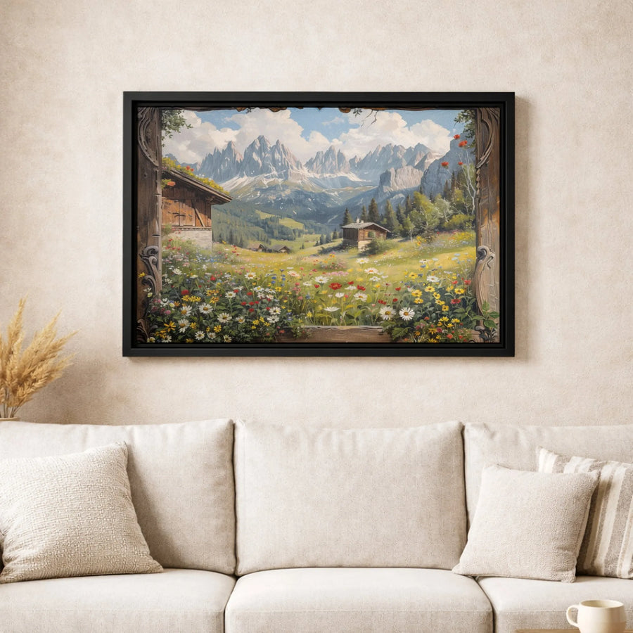 Alpine Mountain Meadow Canvas Art | Realistic Wildflower Landscape Window View | Premium 1.25" Gallery Wrap | Nature-Inspired Home Office Decor