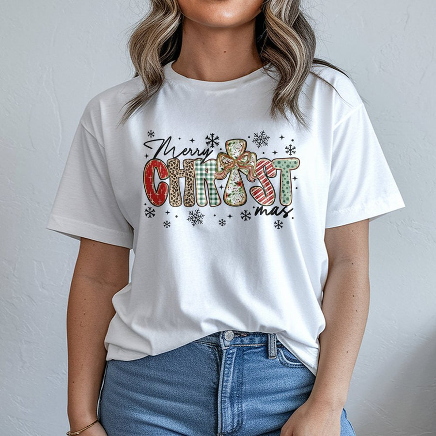 Merry Christmas Cross T-Shirt | Leopard Plaid Holiday Graphic Tee | Premium Cotton Religious Apparel | Faith-Based Festive Gift For Women And Men