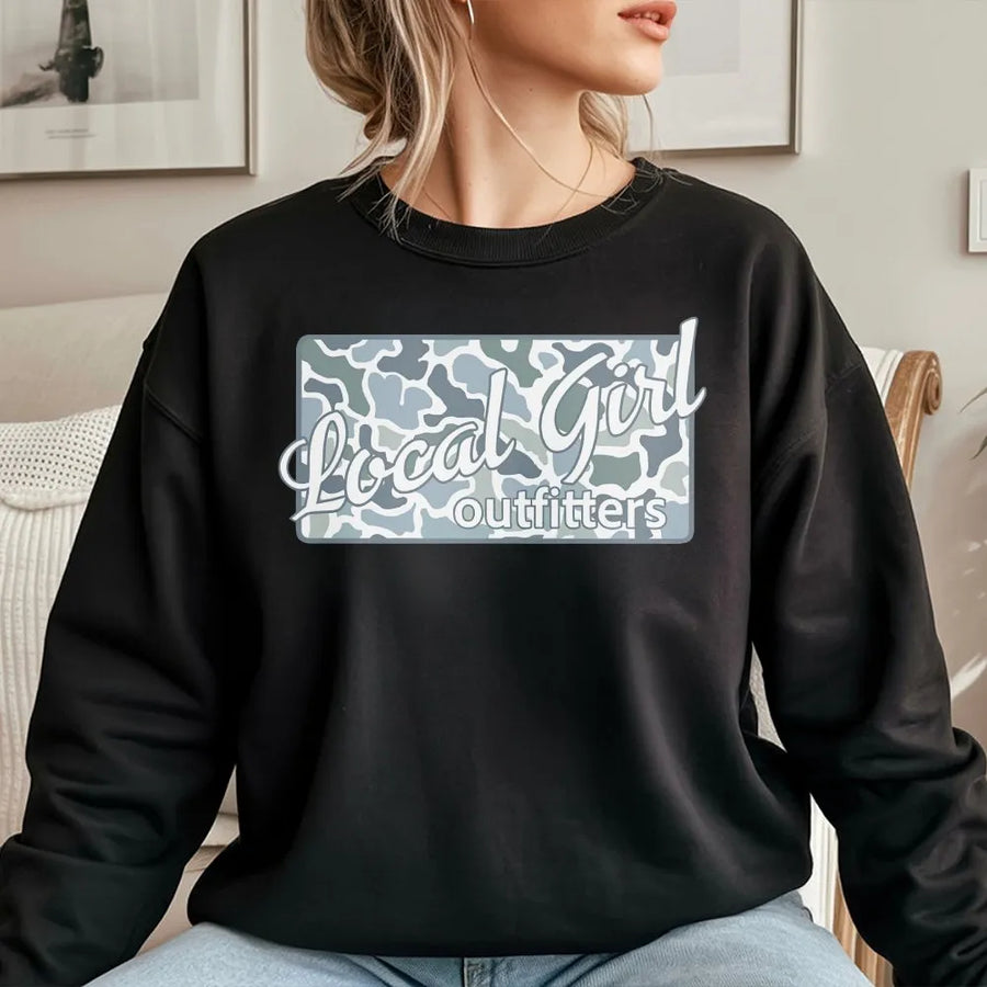 Local Girl Graphic Sweatshirt | Blue Camouflage Print Shirt | Soft 100% Cotton | Hometown Pride Gift for Her