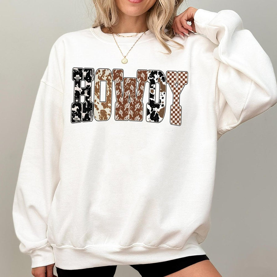 Howdy Western Sweatshirt | Retro Cowboy Checkered Letter Print | Premium Cotton Blend | Aesthetic Country Style Gift for Women and Men