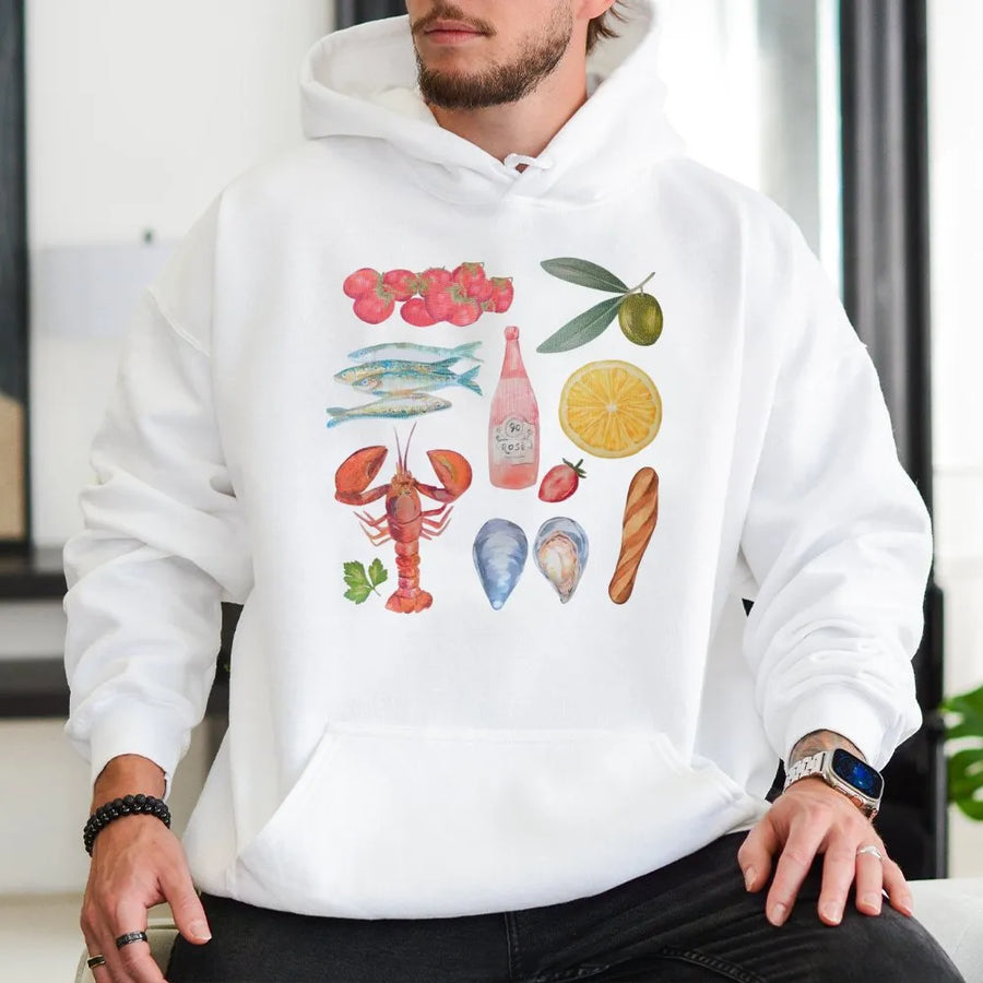 Mediterranean Food Graphic Hoodie | Watercolor Seafood & Wine Print | Premium Soft Cotton | Coastal Summer Unisex Foodie Gift