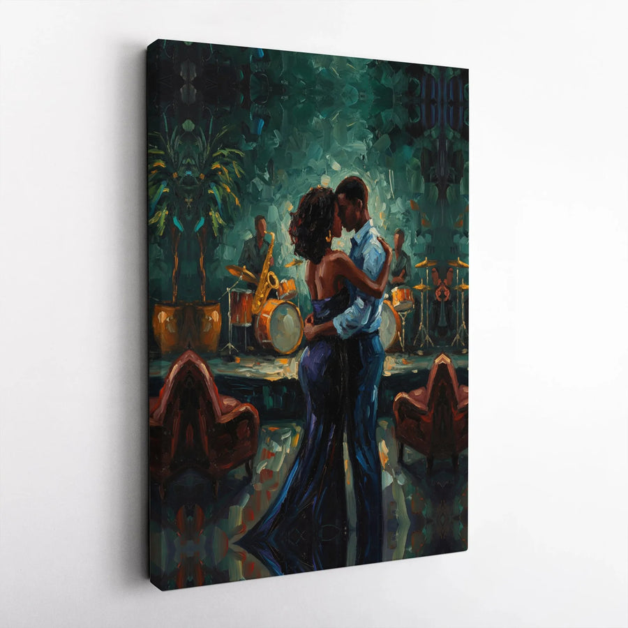 Black Couple Dancing Wall Art | Jazz Club Impressionist Painting | Premium Gallery Wrapped Canvas | Romantic Anniversary Gift for Couples