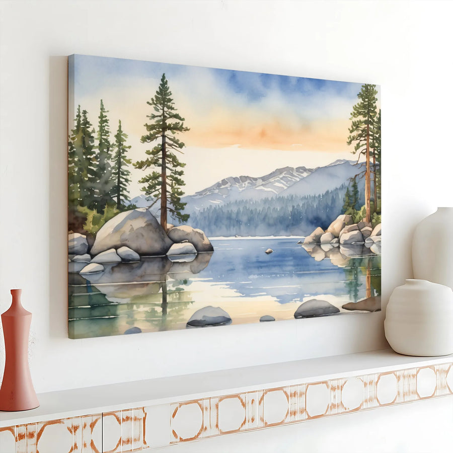 Mountain Lake Canvas Wall Art | Watercolor Pine Forest Landscape | Premium Fade-Resistant Print | Nature Lover Gift for Living Room & Cabin Decor