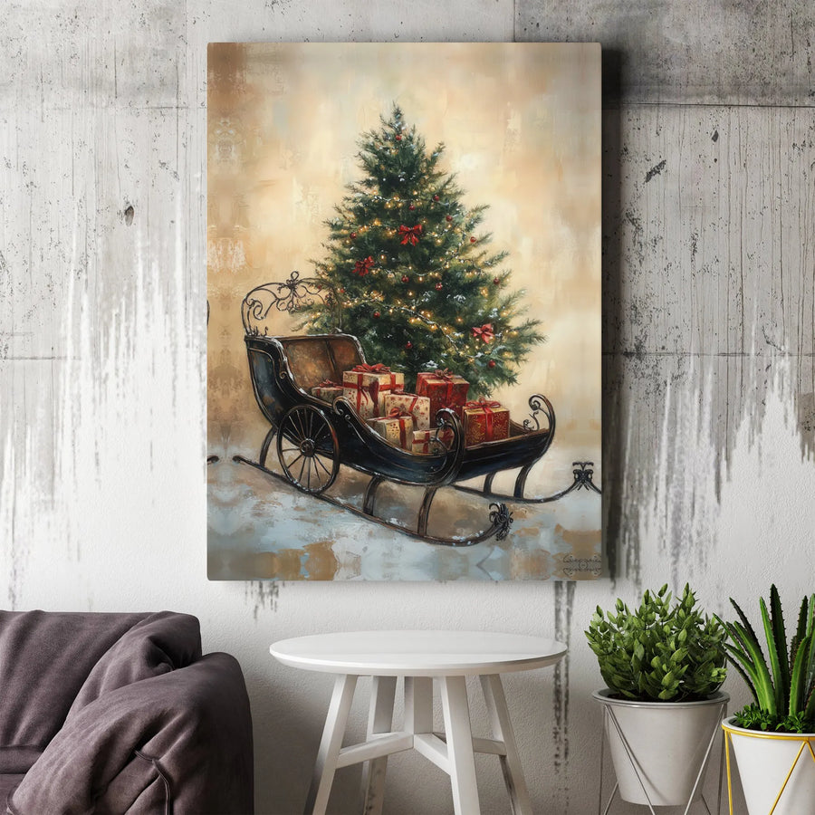 Vintage Christmas Sleigh Canvas Print | Festive Tree With Presents Wall Art | Premium Gallery-Wrapped 1.25" Profile | Holiday Home Decor Gift