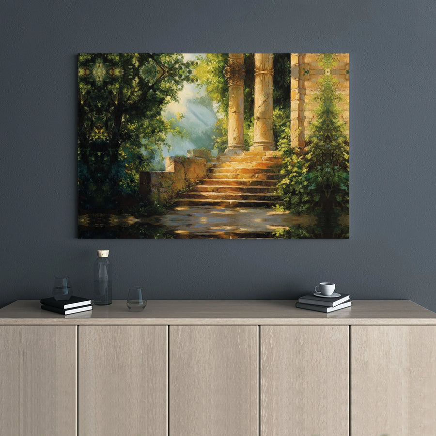 Ancient Ruins Wall Art | Sunlit Classical Columns And Stone Staircase Canvas | Gallery Wrap Premium Print | Elegant Home Decor For Nature Lovers