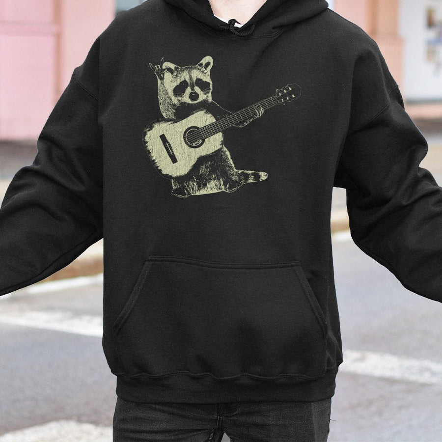 Raccoon Guitar Hoodie | Funny Acoustic Musician Graphic | Premium Cotton Blend | Quirky Gift for Music Lovers and Folk Rock Fans