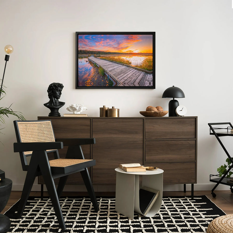 Sunset Lake Canvas Print | Wooden Boardwalk Landscape Art | Premium Gallery Wrapped 1.25" Profile | Serene Nature Wall Decor for Living Room