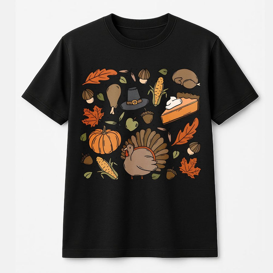 Thanksgiving Graphic T-Shirt | Retro Turkey Doodle Print | Soft 100% Cotton Premium Tee | Cute Fall Outfit Gift for Women and Men
