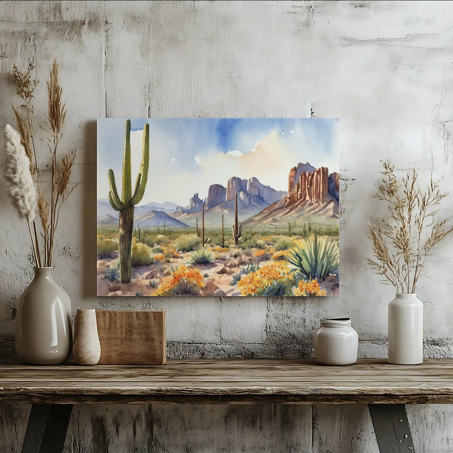 Desert Landscape Canvas Wall Art | Watercolor Saguaro Cactus Painting | Premium Gallery Quality Canvas | Southwestern Home Decor Gift