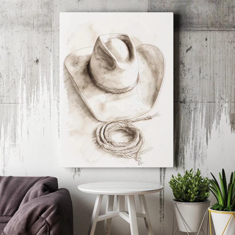 Cowboy Hat Canvas Wall Art | Rustic Western Sepia Sketch | Premium Thick Canvas Print | Ranch House & Man Cave Decor Gift