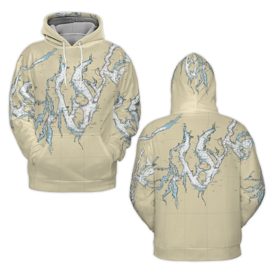 Puget Sound Nautical Chart Hoodie | All-Over Print Map Graphic | Premium Polyester Fleece | Gift For Sailors & Pacific Northwest Lovers