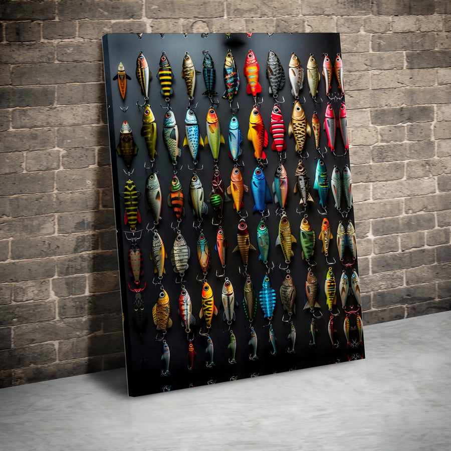 Fishing Lures Canvas Wall Art | Colorful Tackle Box Collection Print | Premium Gallery Wrapped Canvas | Collector's Gift for Fisherman, Man Cave Decor