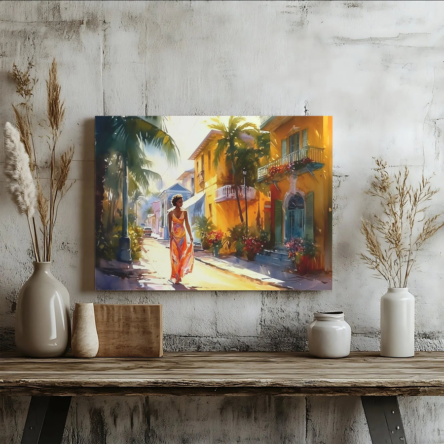 Caribbean Black Woman Art Canvas | Vibrant Tropical Town Watercolor Print | Premium Gallery Wrap Canvas | Modern Island Home Decor Gift