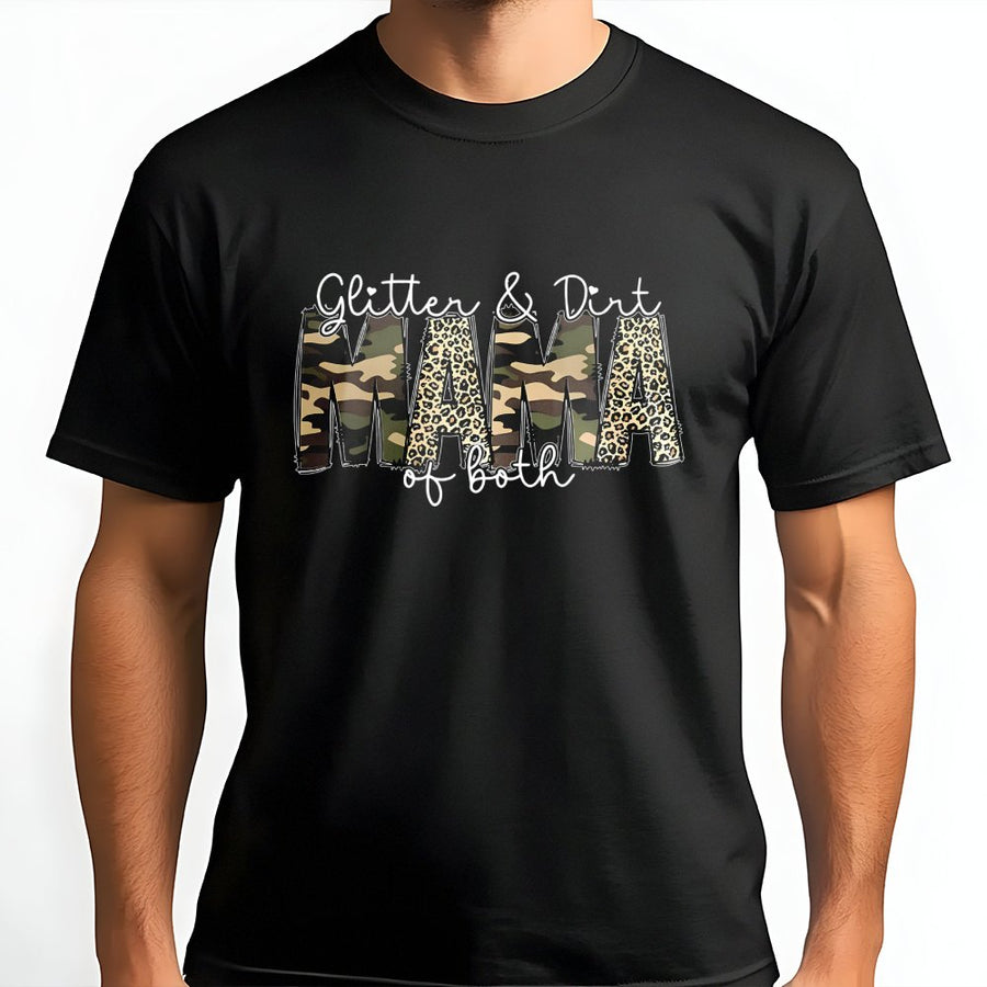 Glitter & Dirt Mama Of Both T-Shirt | Camo and Leopard Print Graphic Tee | Premium 100% Cotton | Gift for Mom and Bonus Mom