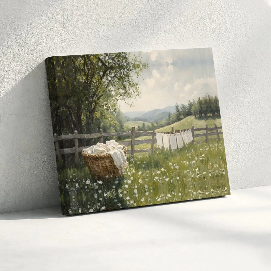 Farmhouse Wall Art Canvas | Countryside Landscape with Wildflowers and Clothesline | Premium Gallery Wrapped Print | Rustic Home Decor Gift