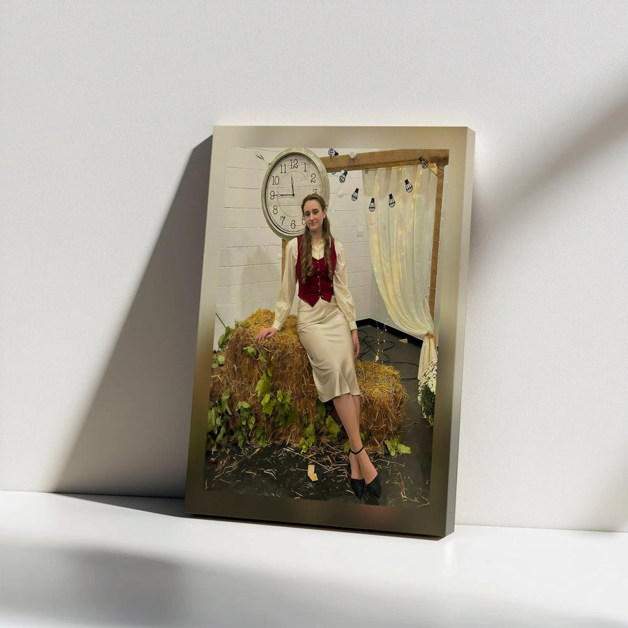 Vintage Farmhouse Wall Art | Country Girl on Hay Bale Portrait | 1.25" Thick Gallery Wrap Canvas | Modern Rustic Home Decor Gift