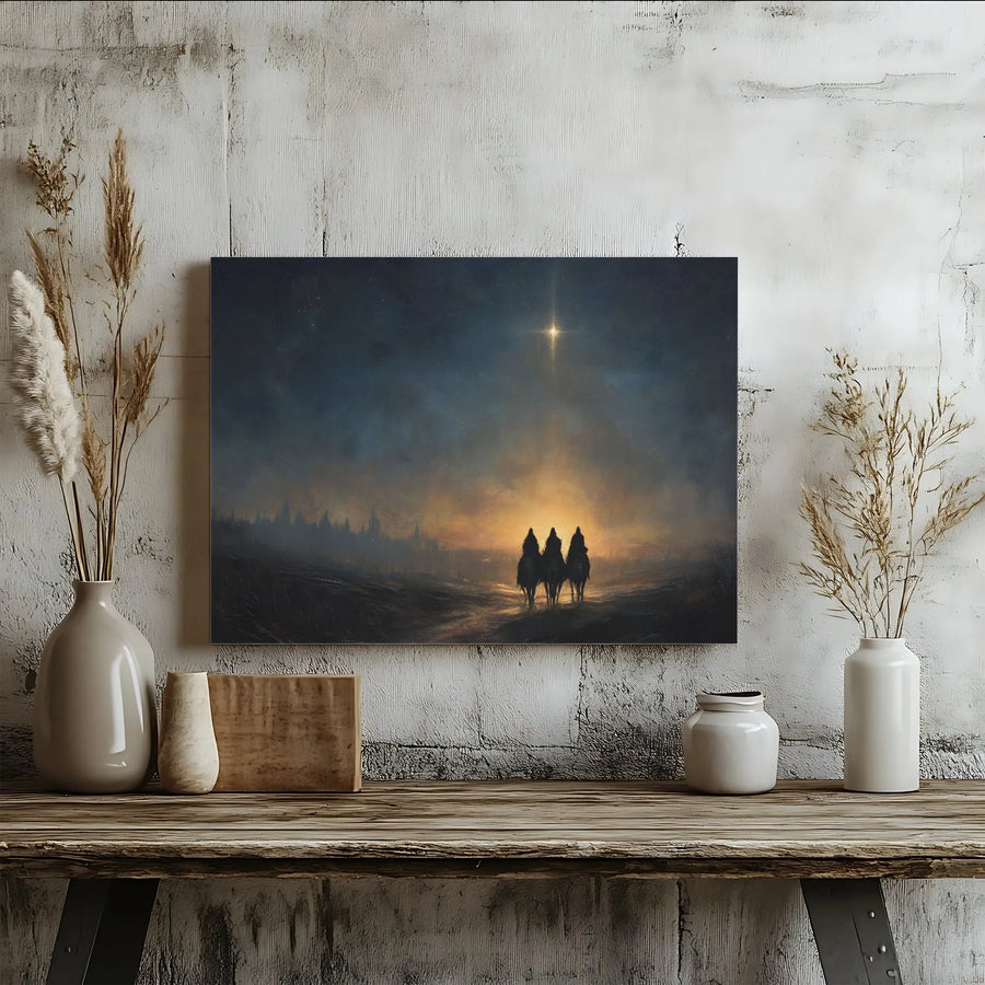 Nativity Scene Canvas Wall Art | Three Wise Men Following Star | Premium Gallery Wrap Print | Christian Religious Home Decor Gift