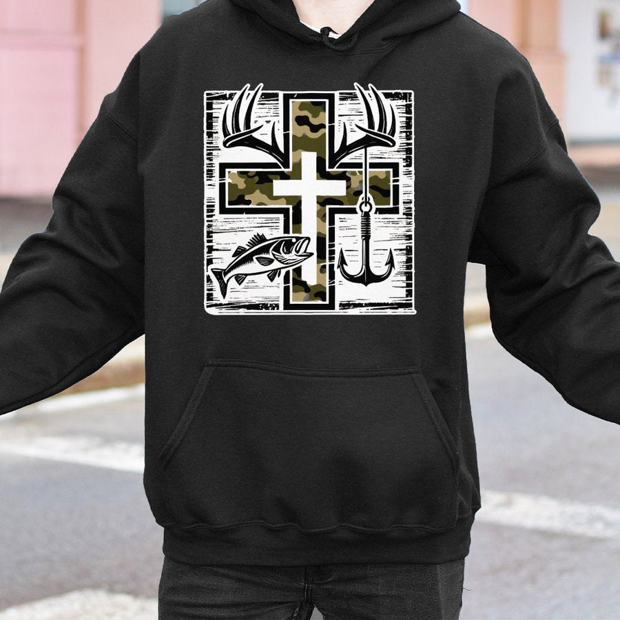 Fishing Hoodie | Camo Cross Deer Antlers And Bass Graphic | Cotton-Blend Premium Quality | Faithful Outdoor Gift For Men And Women