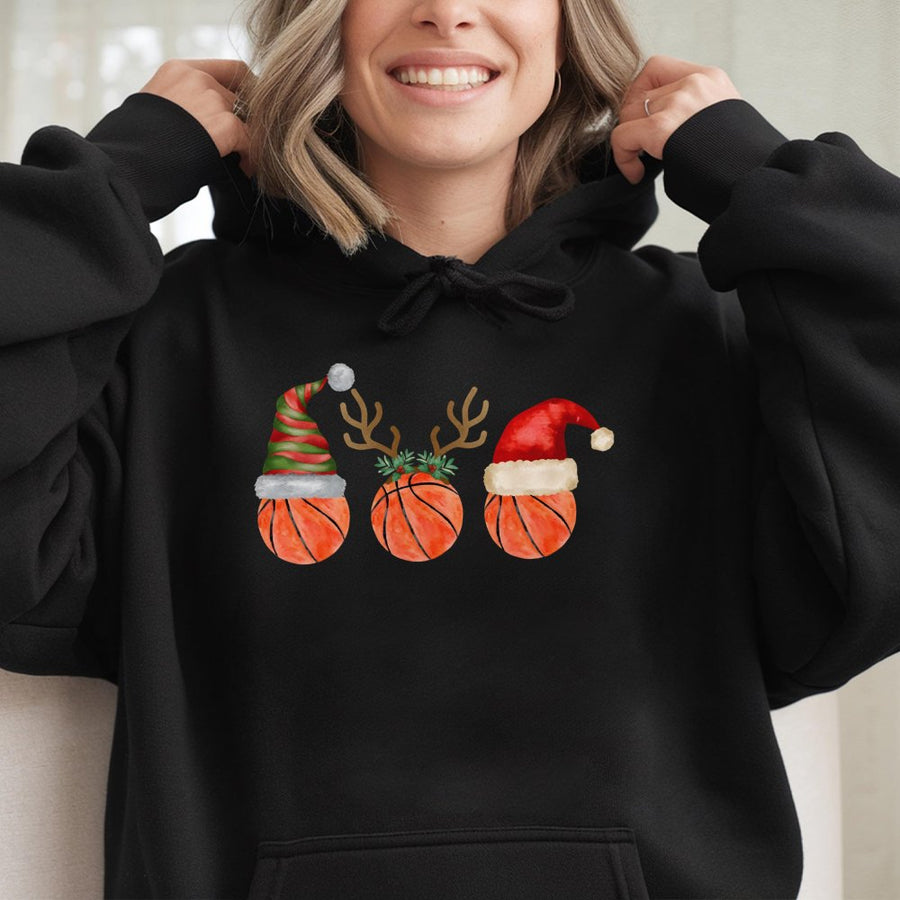 Basketball Christmas Hoodie | Santa Hat And Reindeer Antler Design | Premium Cotton Blend | Funny Holiday Gift For Basketball Players