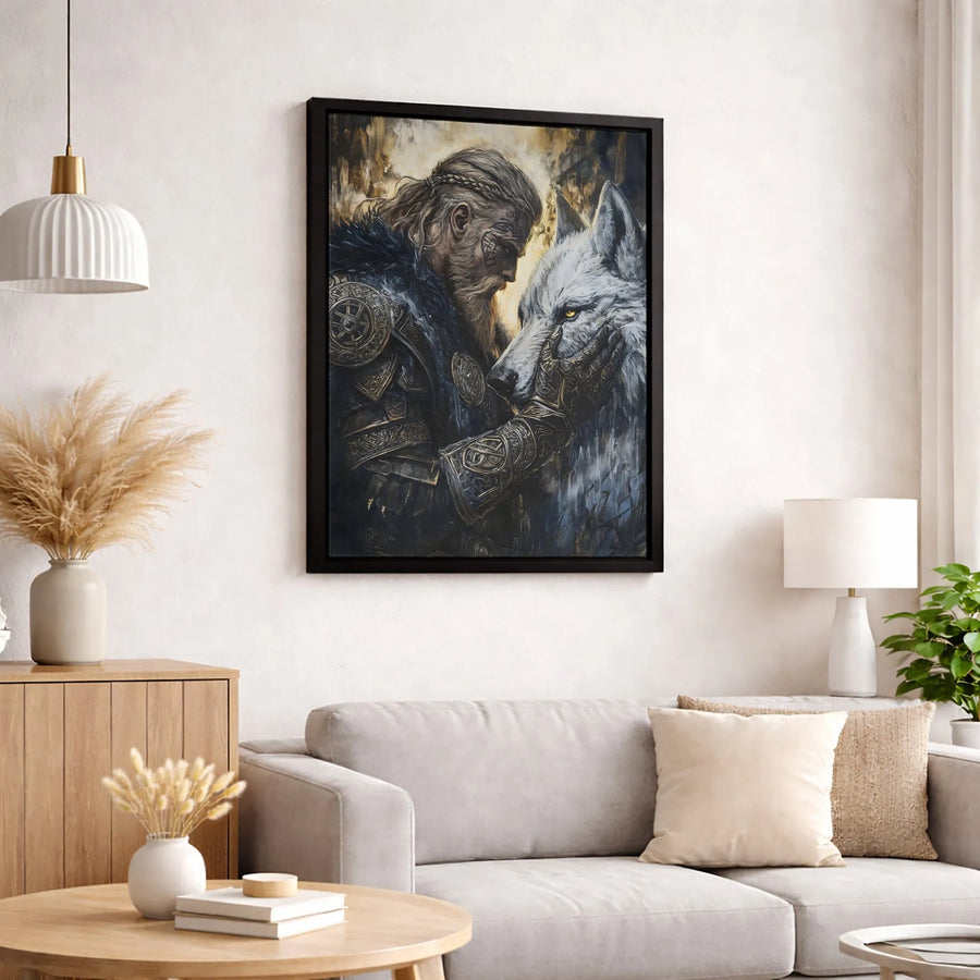 Viking Warrior and White Wolf Canvas | Norse Mythology Wall Art | Premium Gallery Wrapped Print | Gift for History Lovers & Fantasy Fans