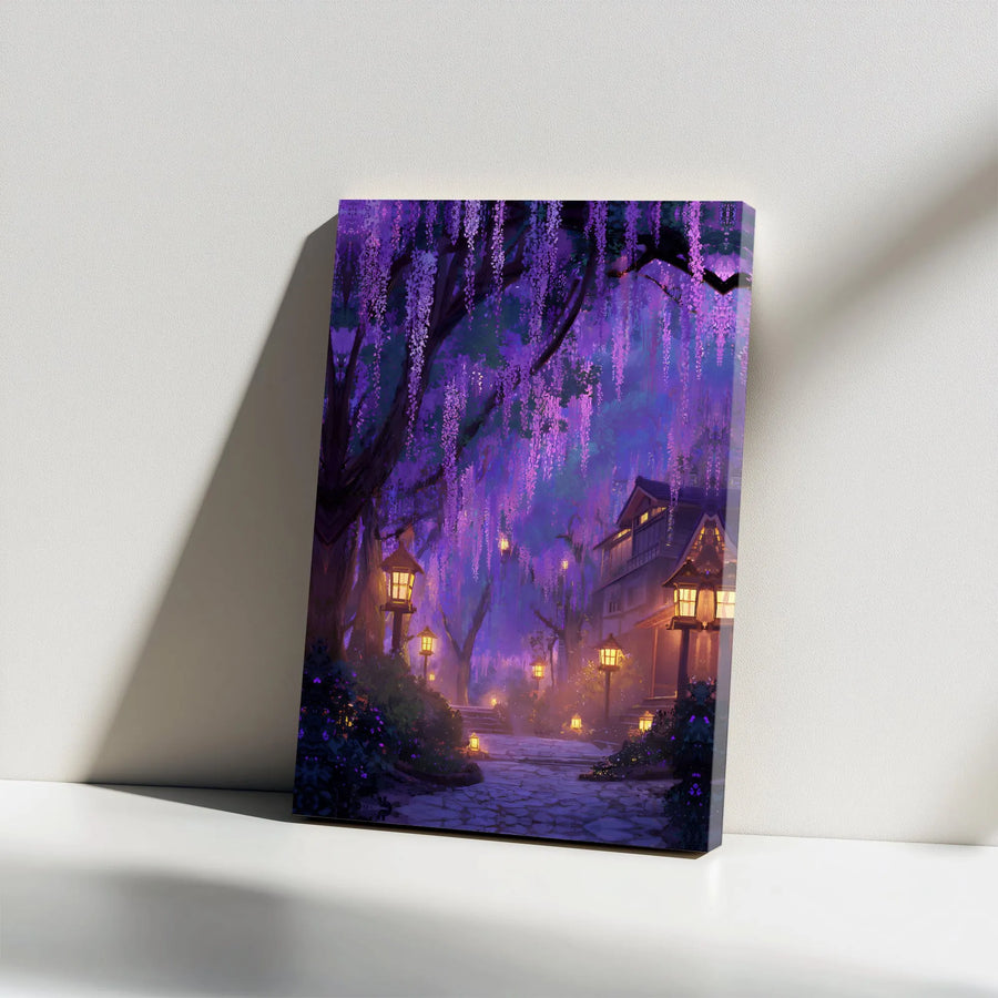 Japanese Wisteria Garden Canvas Art | Magical Night Forest Landscape with Lanterns | Premium Gallery Wrapped | Fantasy Home Decor Gift
